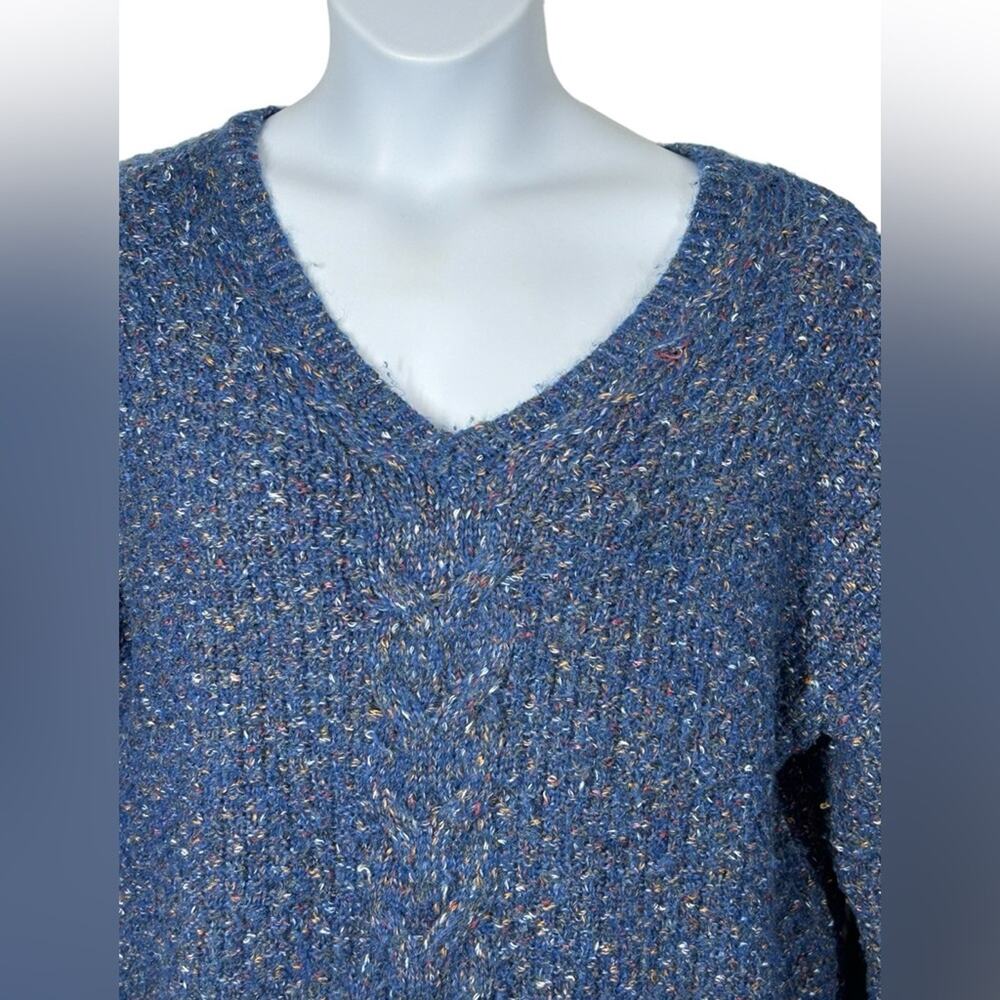 Cable Knit Tunic Sweater Blue Confetti Flecked V Neck Cozy XXL - Picture 4 of 12